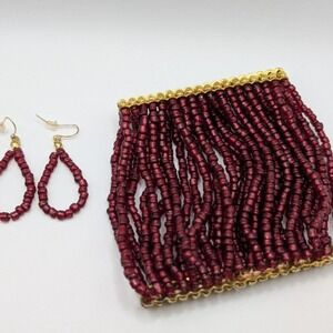 Maroon & Gold Beaded Stretch Bracelet And Beaded Dangle Earrings Set NWOT FSU